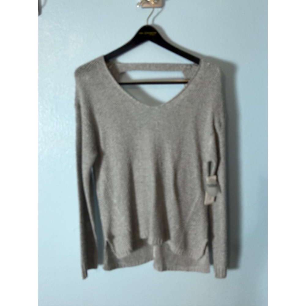 RD Style Women Gray Lace Up Back V-Neck Knit Sweater Side Slit Size L NWT Fall